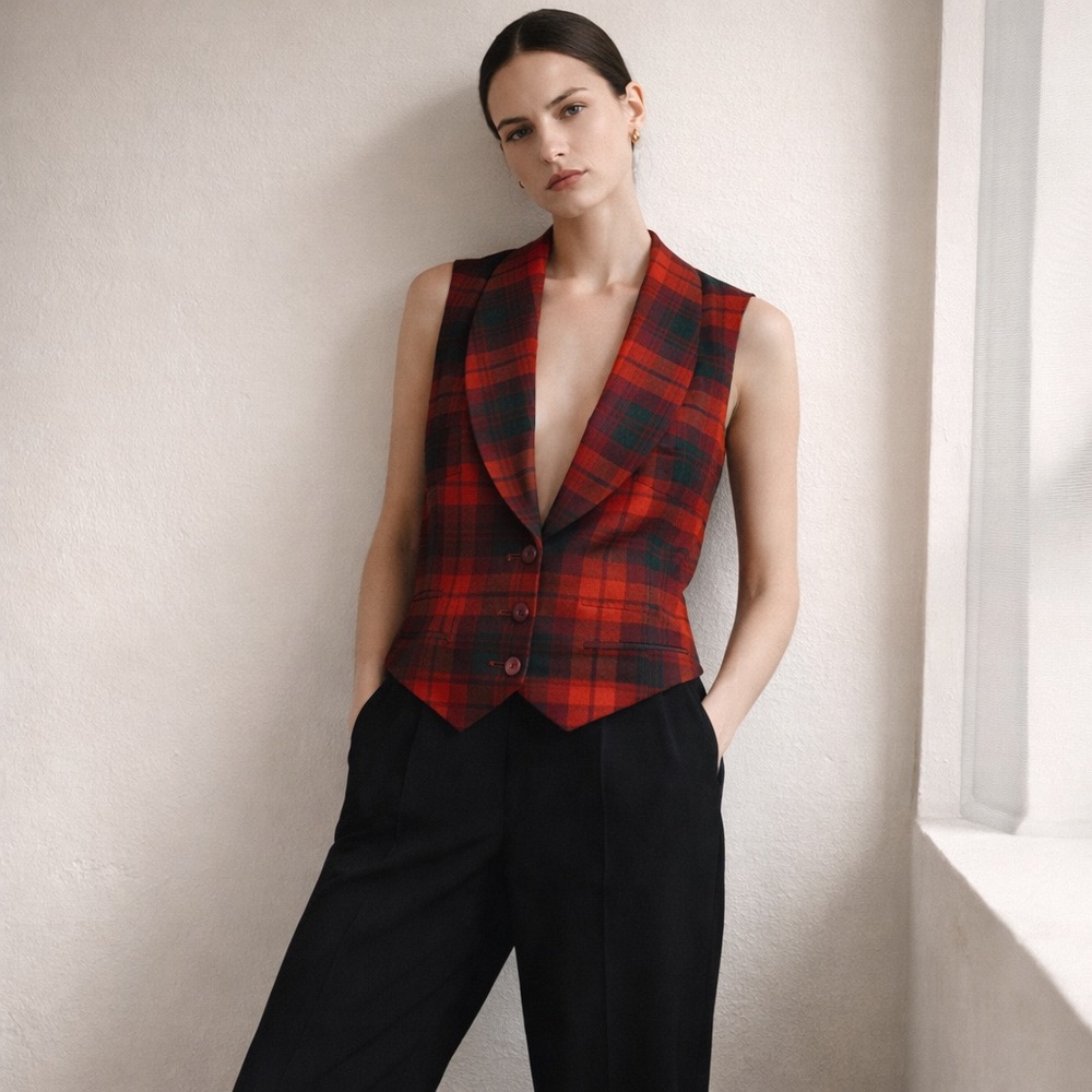 Vintage Christian Dior Red Tartan Waistcoat Heritage Plaid Wool Tailored Vest